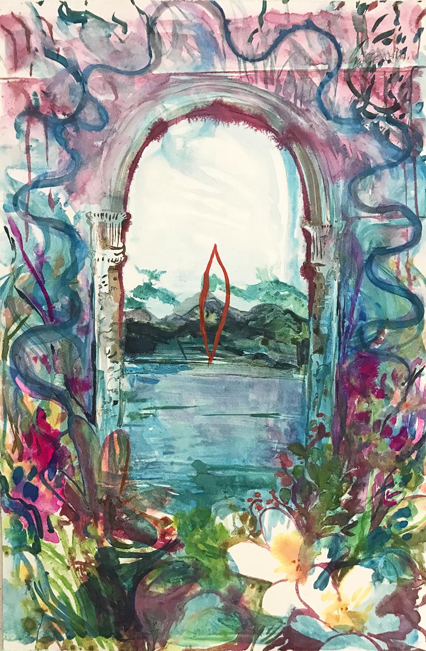 Monotype print of an archway surrounded by flowers and a blue, pink, purple watercolor sky with a mountain and water scene within archway.