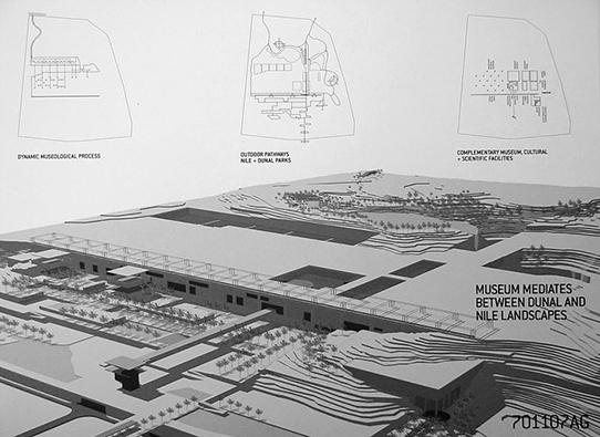 black-and-white 3-D map and model of a low building and landscaping