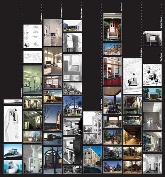 poster collage of architectural design drawings and photos arranged in eight columns on a black background