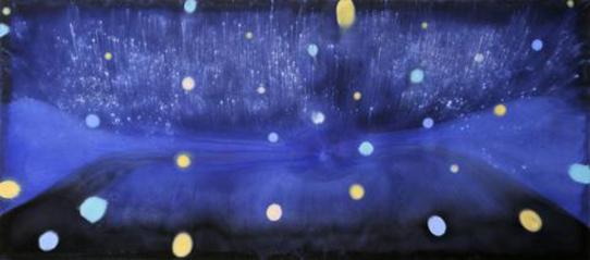 a blue painting with a reflection of the stars and planets in a body of water
