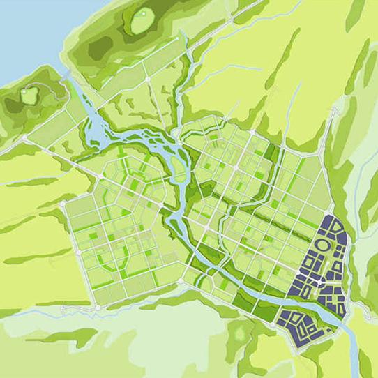 map of a river through a community in shades of green and blue