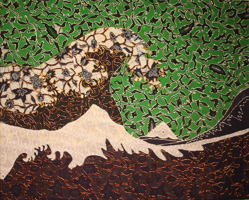 Photo of plexiglass pane painted with 3D textured paint. The image rendered is a seascape of a wave against a shore, but the wave is made up of white and black with bronze paint detailing in intricate patterns. The sky is made up of green with black and silver painted details in intricate abstract botanical patterns.