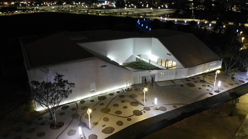 a building at night