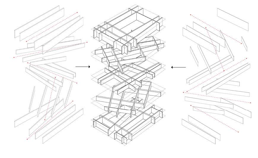 Drawing study of the irregular stacking of wall elements.