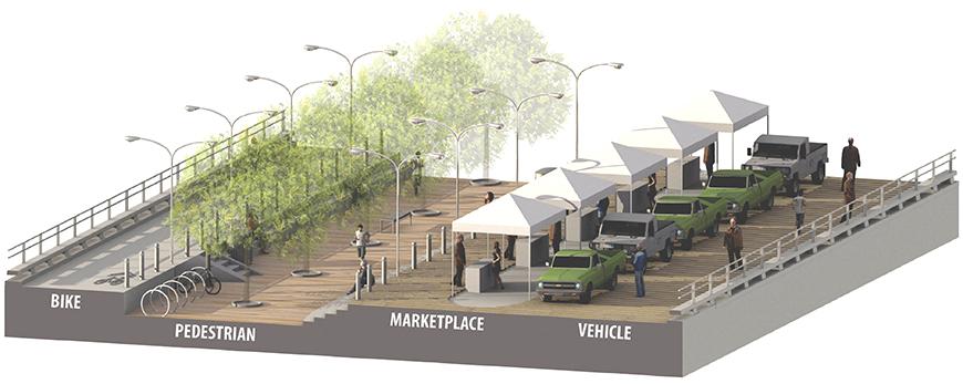 Rendering of vendors under awnings with car parked and pedestrian walkway