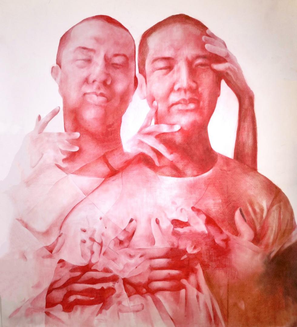 Red hued painting of a person in two poses with multiple hands touching the body.