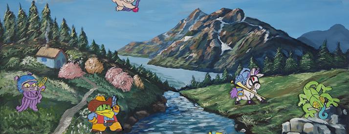 Painting of a stream surrounded by mountains, grass, and cartoon characters.