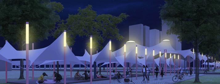 Digital rendering of an outdoor pavilion at night. 