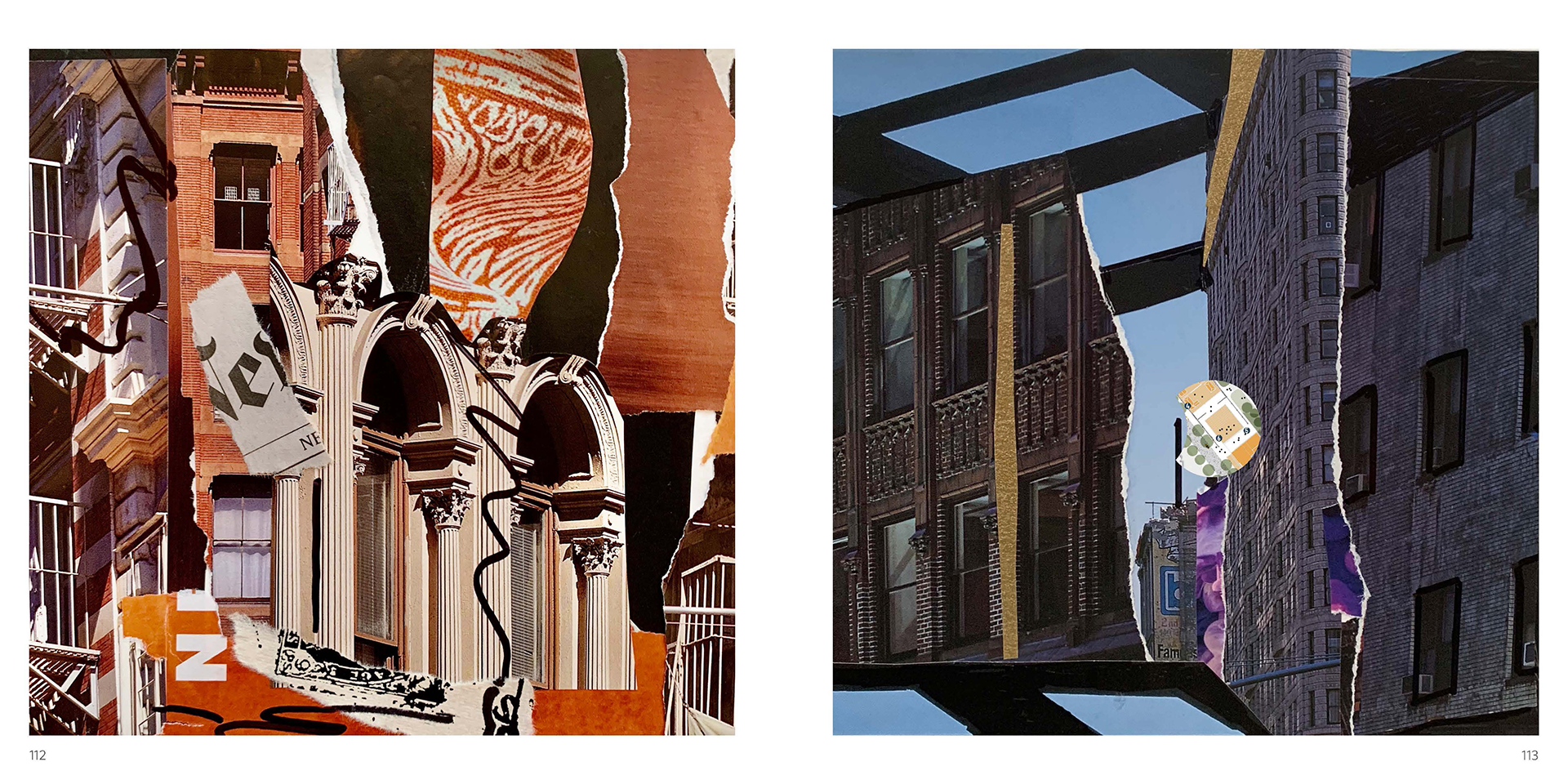 Brightly colored paper collages of urban buildings