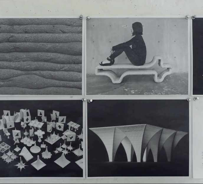A series of squares with different things on them, patterns, designs, a person sitting on a bench.