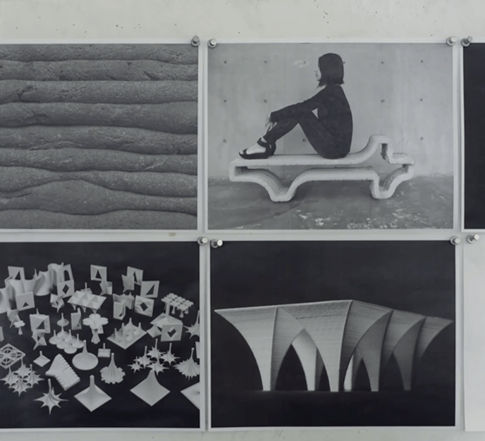 A series of squares with different things on them, patterns, designs, a person sitting on a bench.