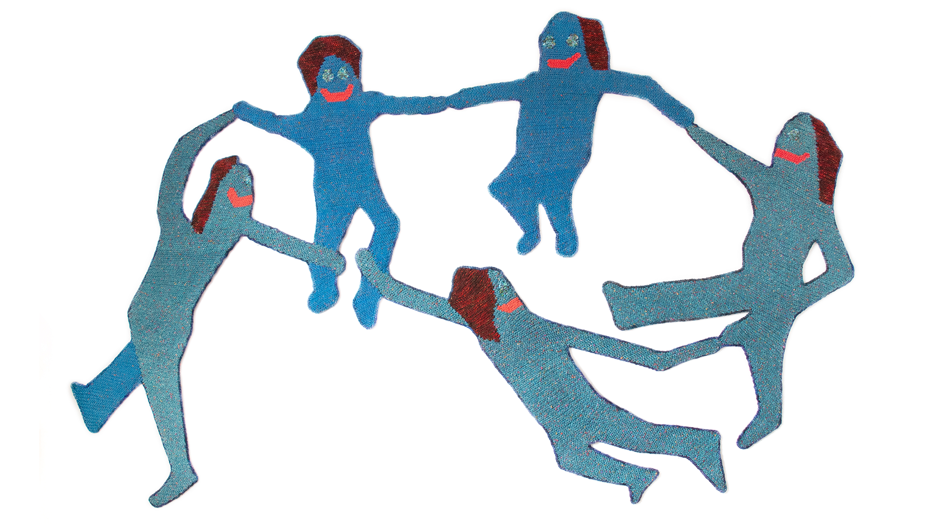 Blue crocheted figures holding hands in a circle