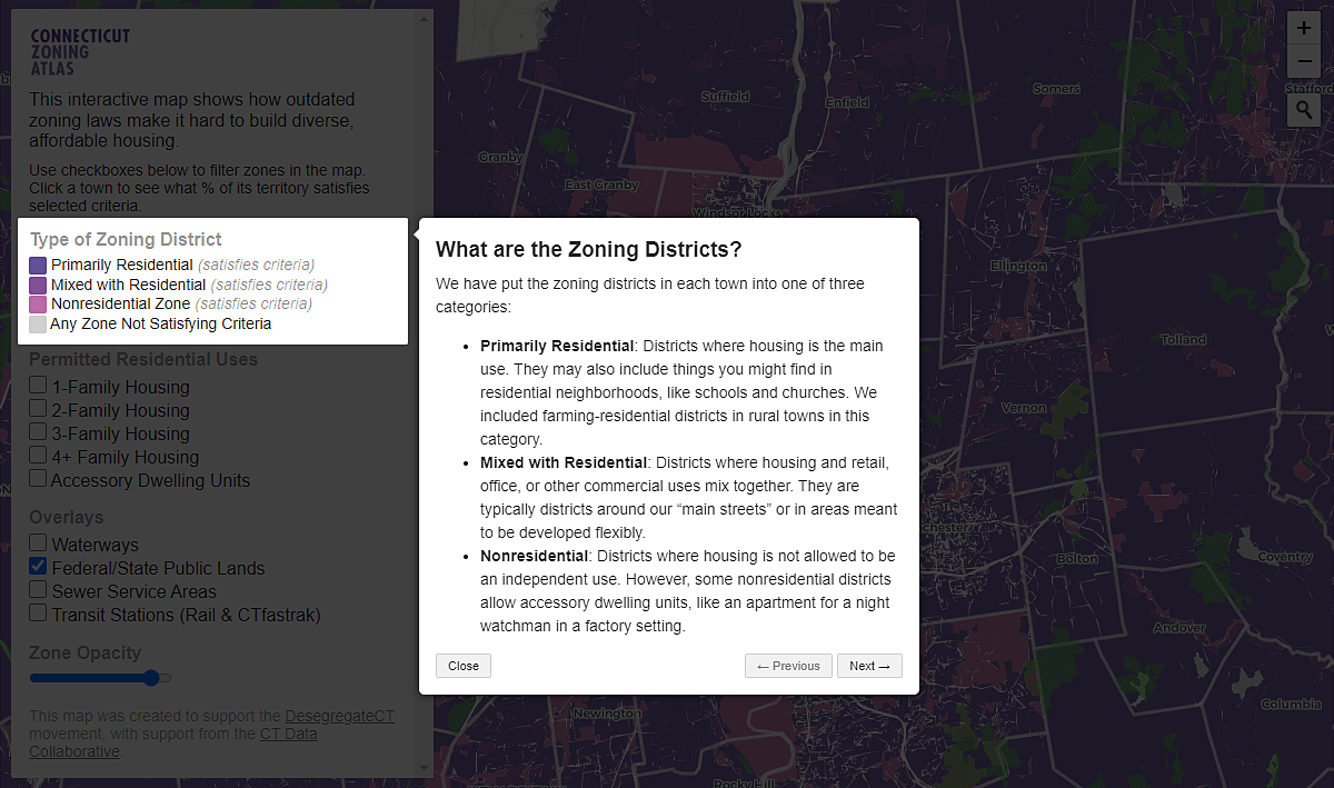 Map with text explaining zoning districts