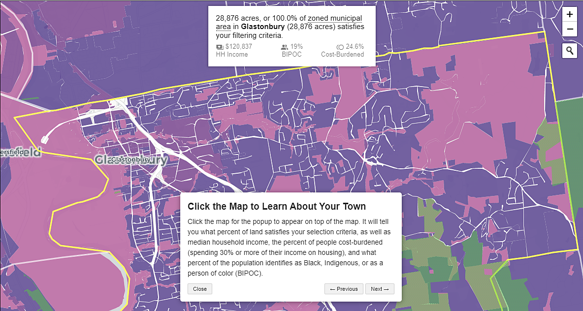 Pink, purple, and green zoning map of Glastonbury