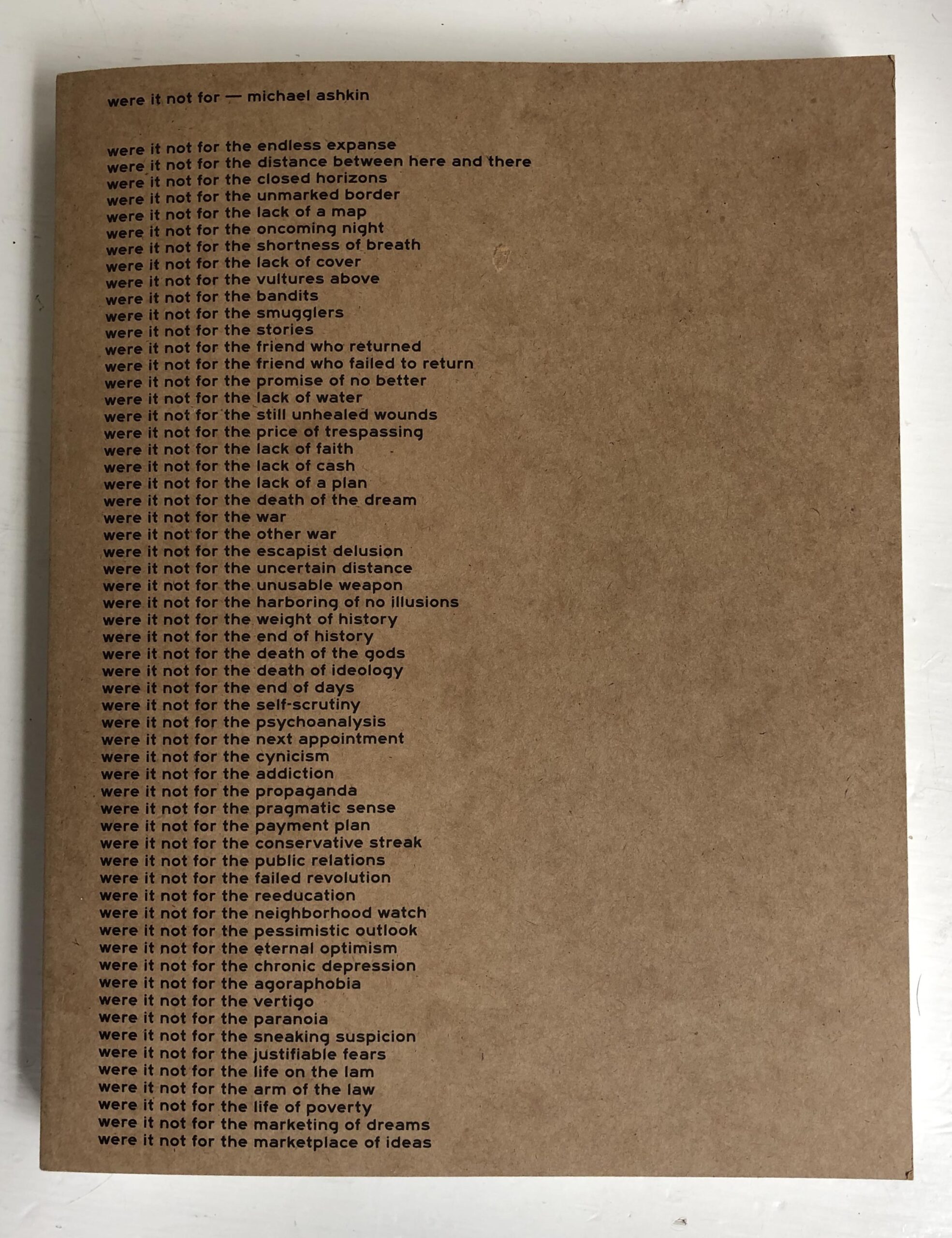 Dark brown book cover with a row of black text spaced evenly across the cover.