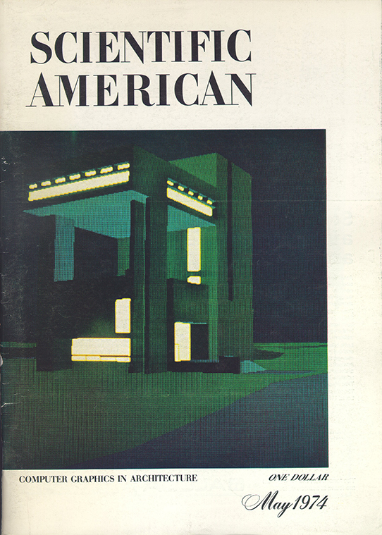 Journal cover of Scientific American with beige background and dark green rendering of the Herbert F. Johnson Museum of Art.
