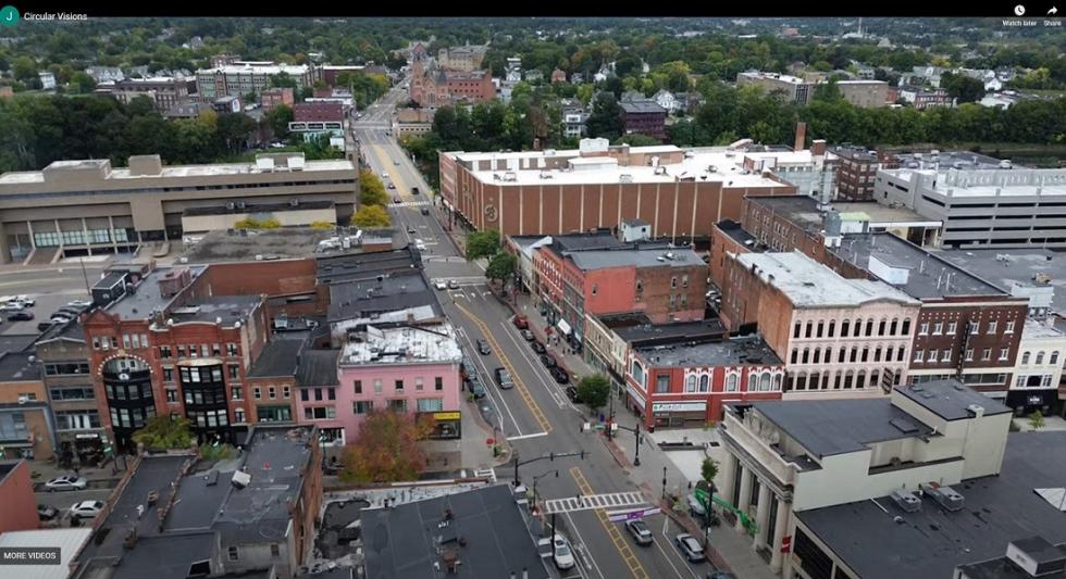 Drone image of city with brick red buildings