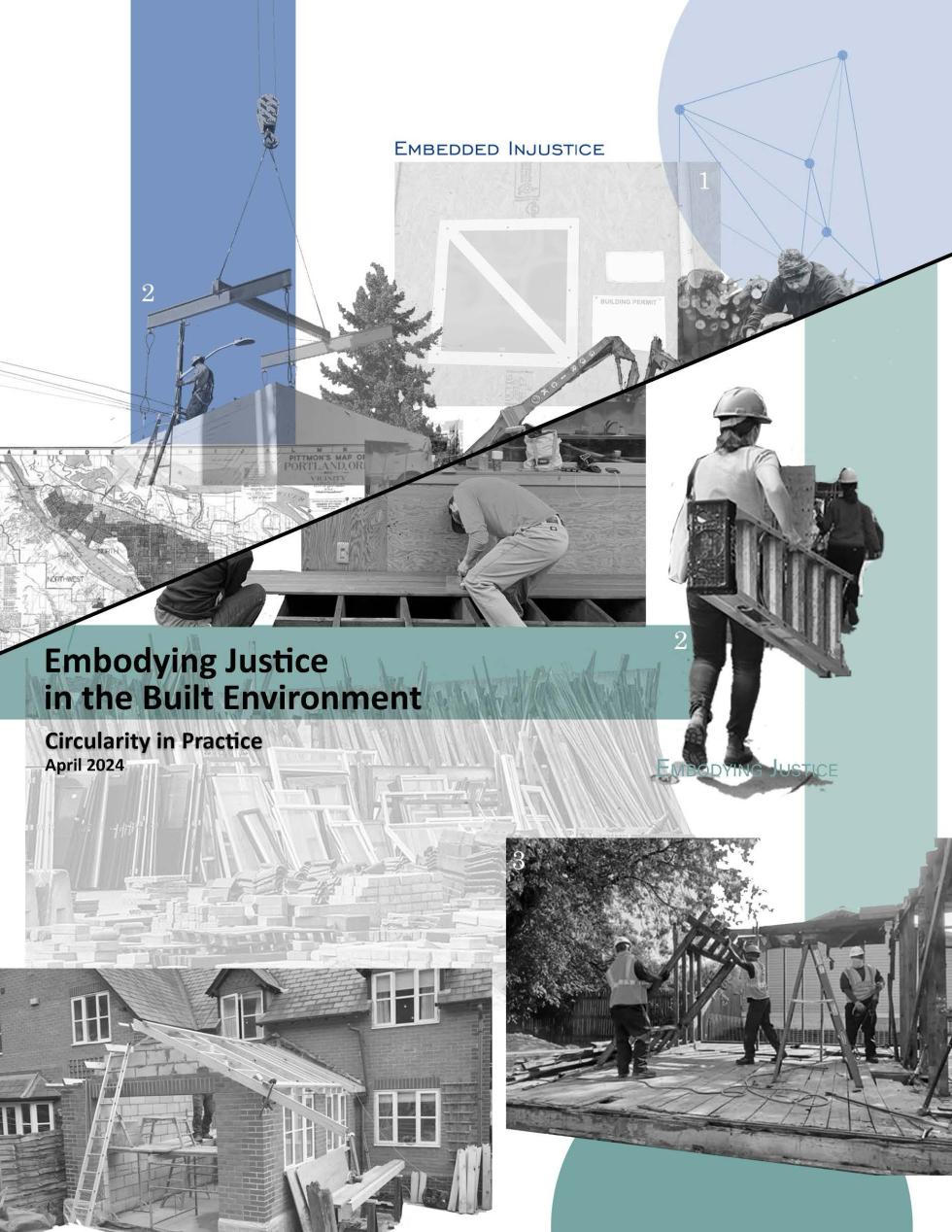 Collaged cover page of a white paper depicting construction, maps, and people with teal accents