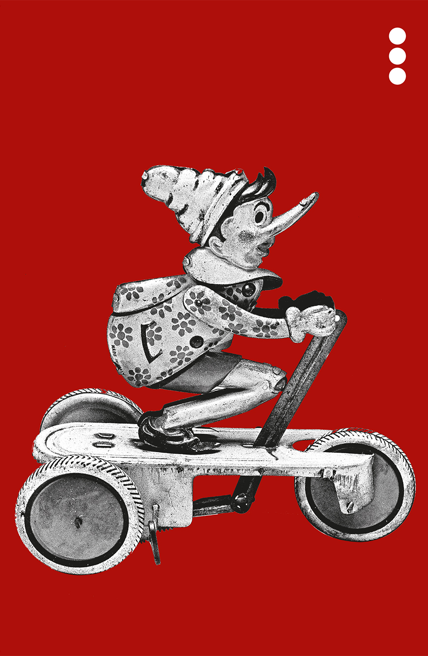 Book cover with a bright red background and a cartoon boy riding a three wheeled bike.