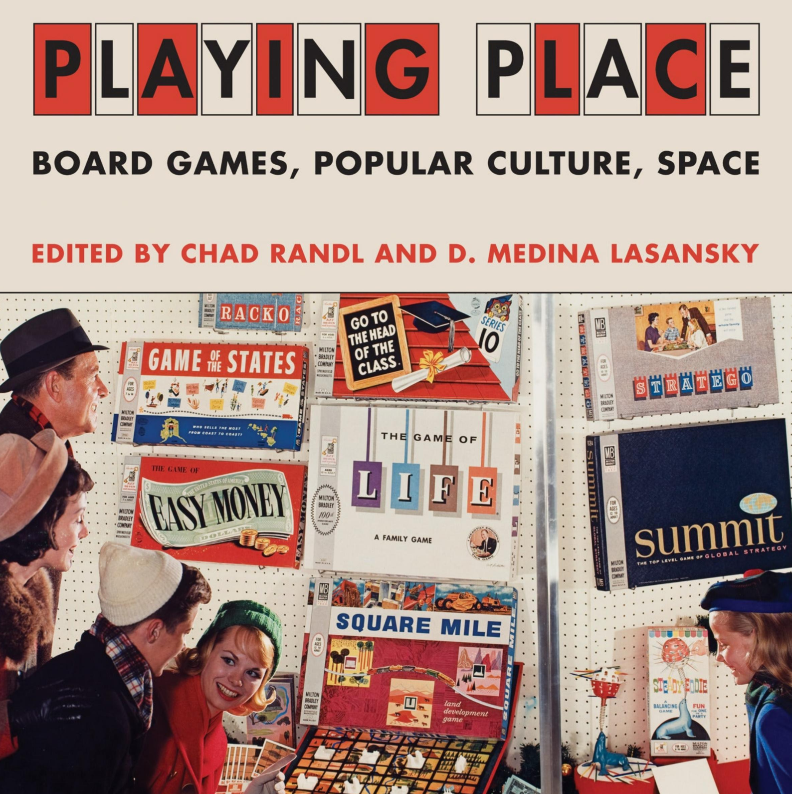 Book cover featuring people playing board games with a beige background and text with alternating red and white outlines.
