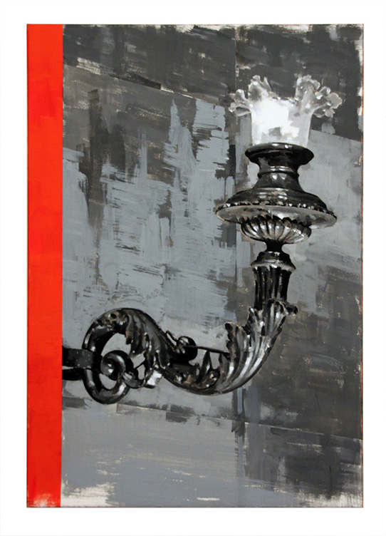 Painting of a metal sconce on a gray wall with a stripe of red paint on the left side.