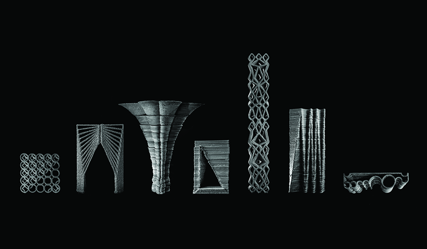 Seven white geometric shapes, made of circles, stripes, waves, and other structural features, on a black background.