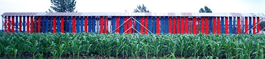 Vertical panels of blue and red metal span the screen with grass in the foreground.