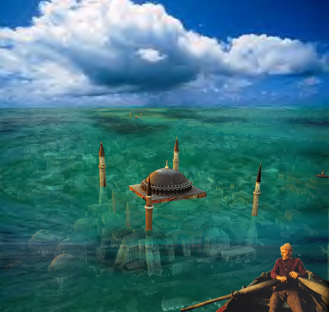 Futuristic ocean scene in a collage style with a city under the water and a person in a row boat
