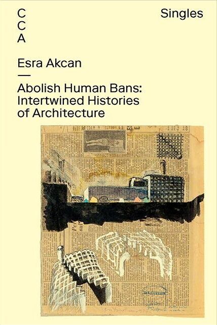 Book cover with yellow background and a newsprint image with drawings on top of it and black text