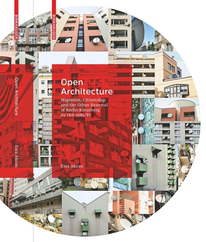 Book cover with a circular frame and facades of buildings inside the frame with overlayed white text