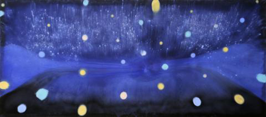 Blue painting with a reflection of the stars and planets in a body of water.