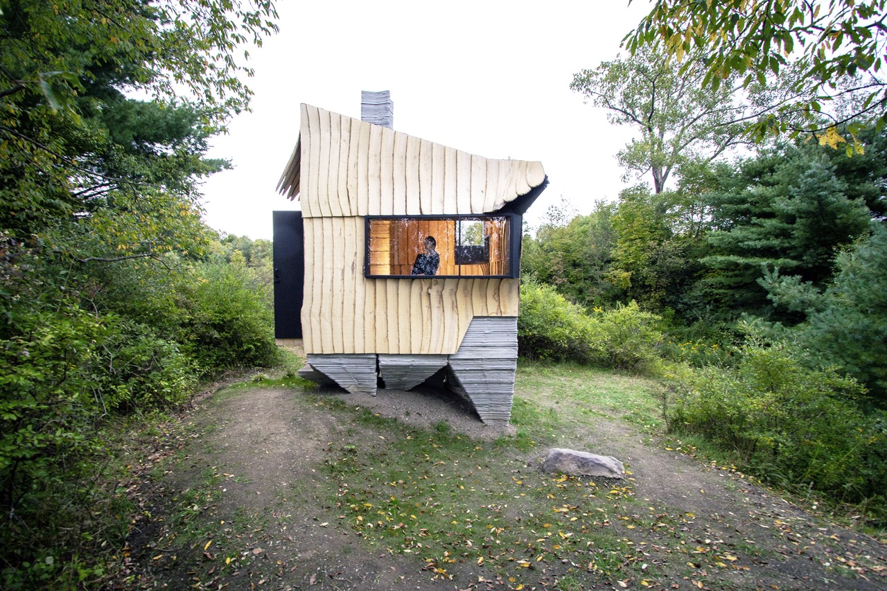 Modern cabin with vertical blond wood siding and a large picture window positioned in a forest clearing.