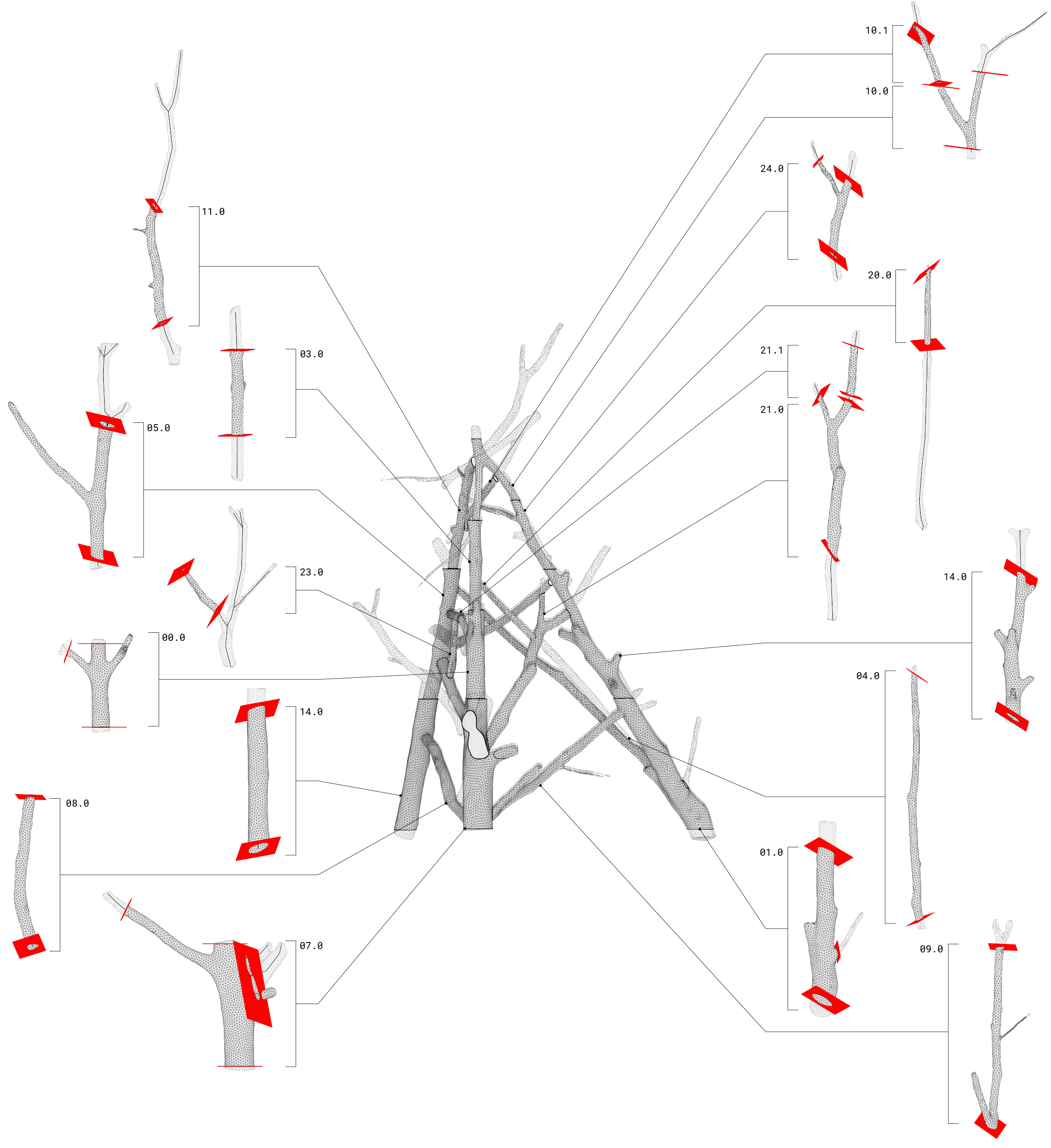 Blueprint images for an irregular timber log structure with each part of the structure explained.