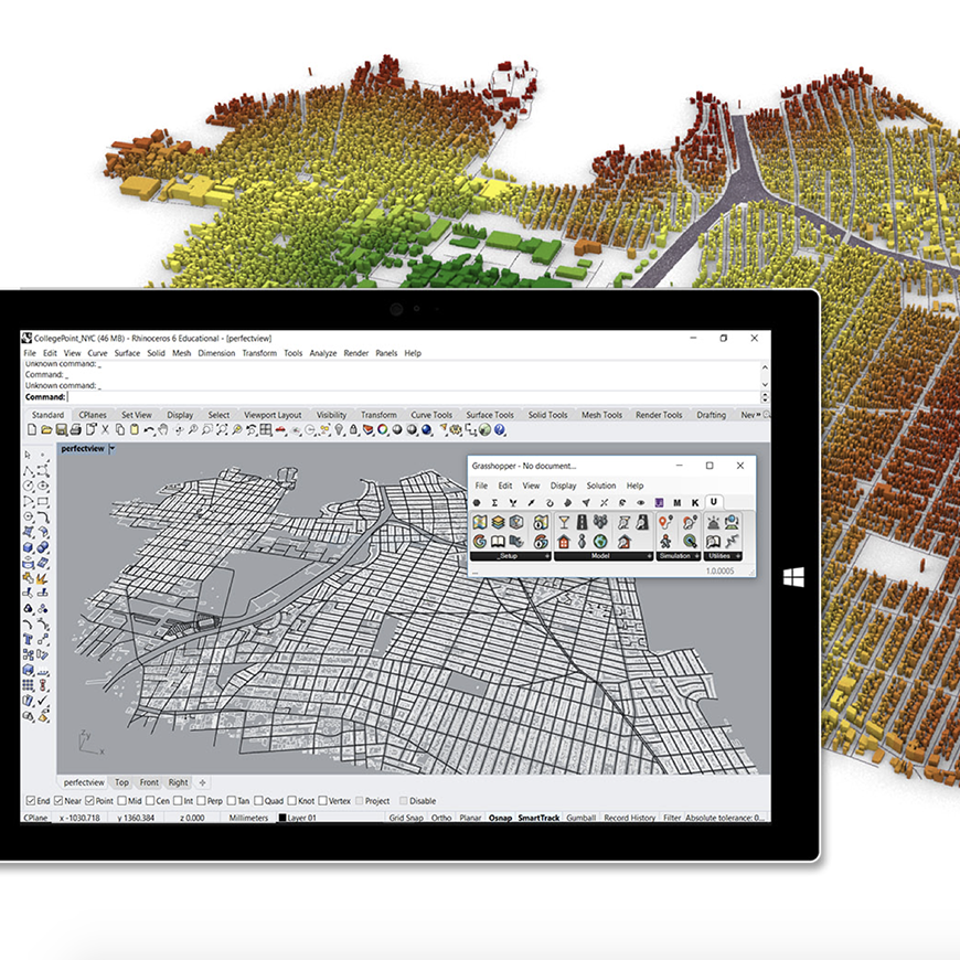 Screenshot of a computer program with a three dimensional rendering of a city on the screen.