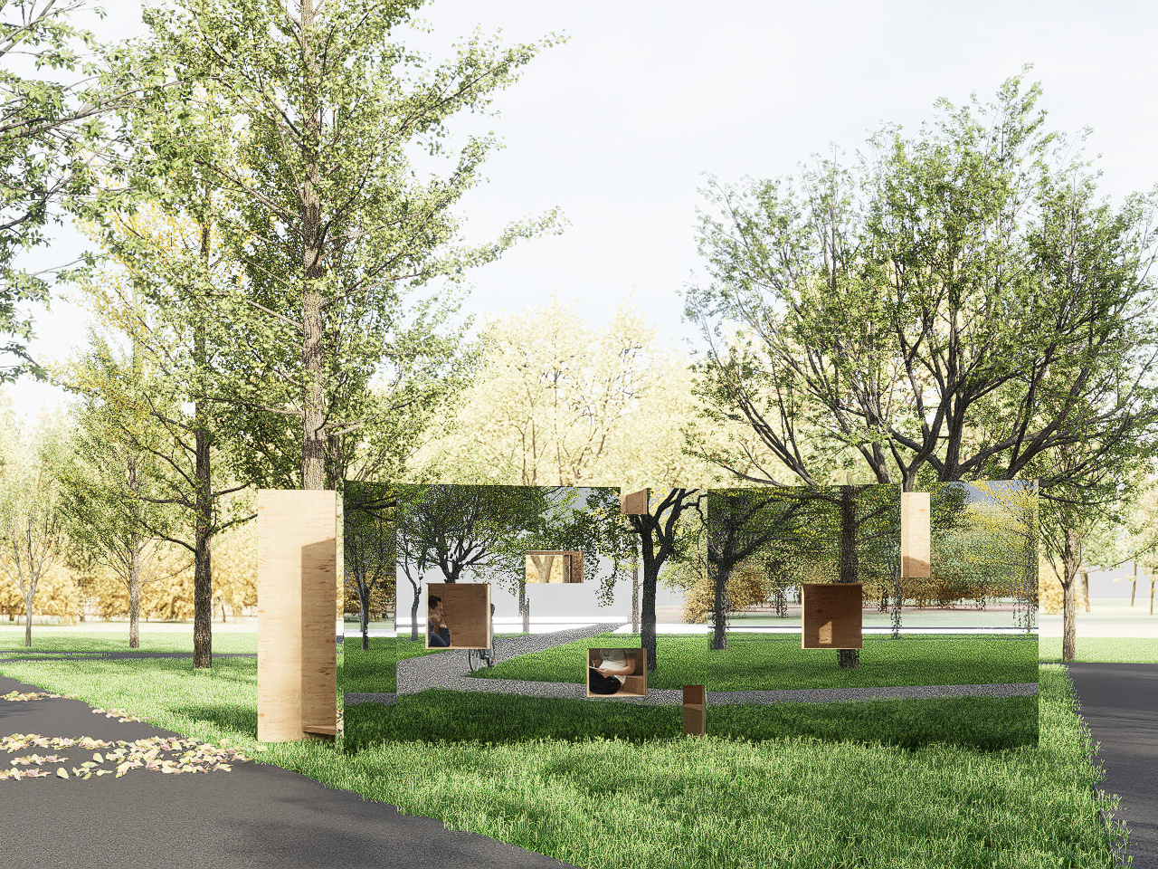 reflective artwork in a park area