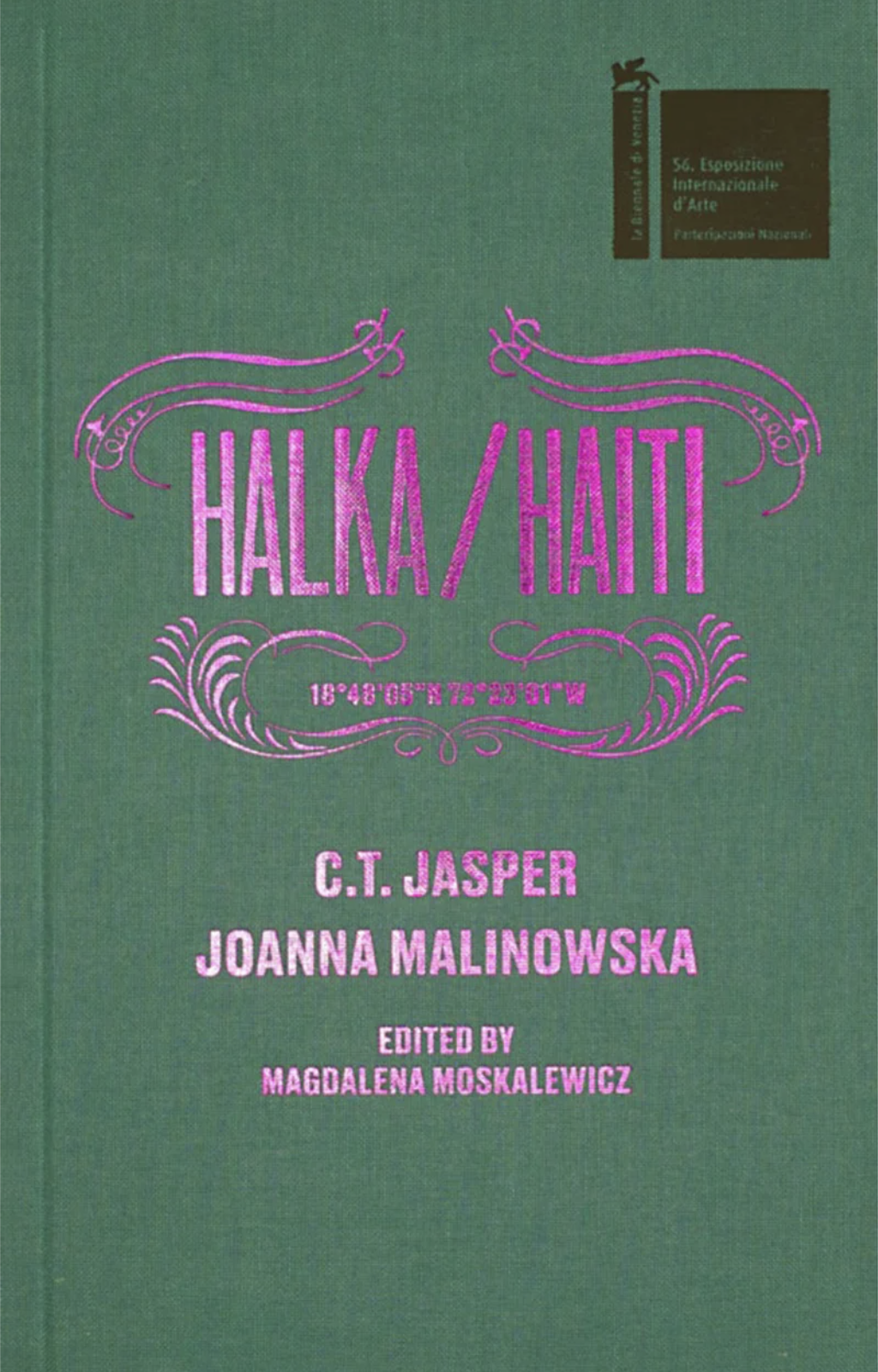 Green book cover with pink holographic text