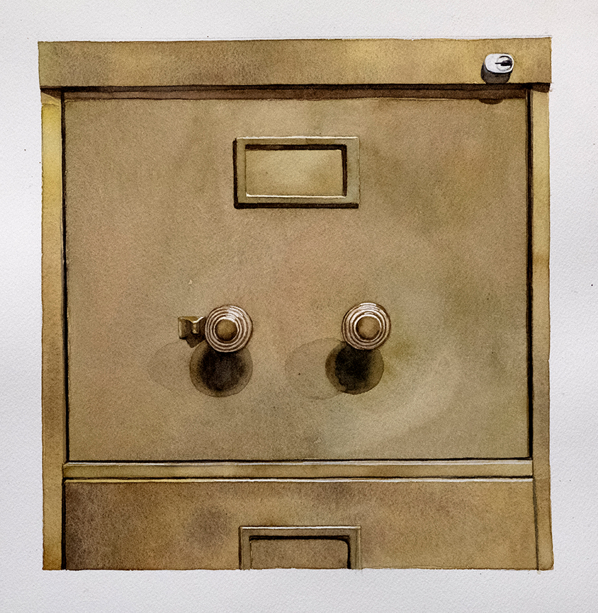 Watercolor painting of a beige metal filing cabinet.