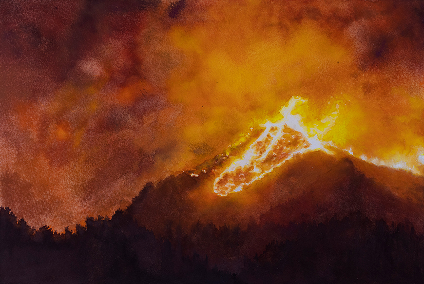 Watercolor painting of a mountain top on fire.