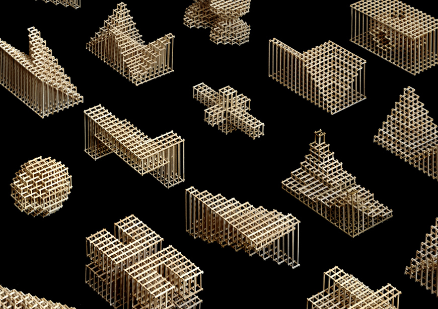 A series of wooden geometric forms superimposed on a black background.