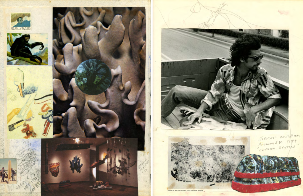 collaged drawings full of photos of artworks, scribbled text, a photo of a man in the back of a car both in black and white and color