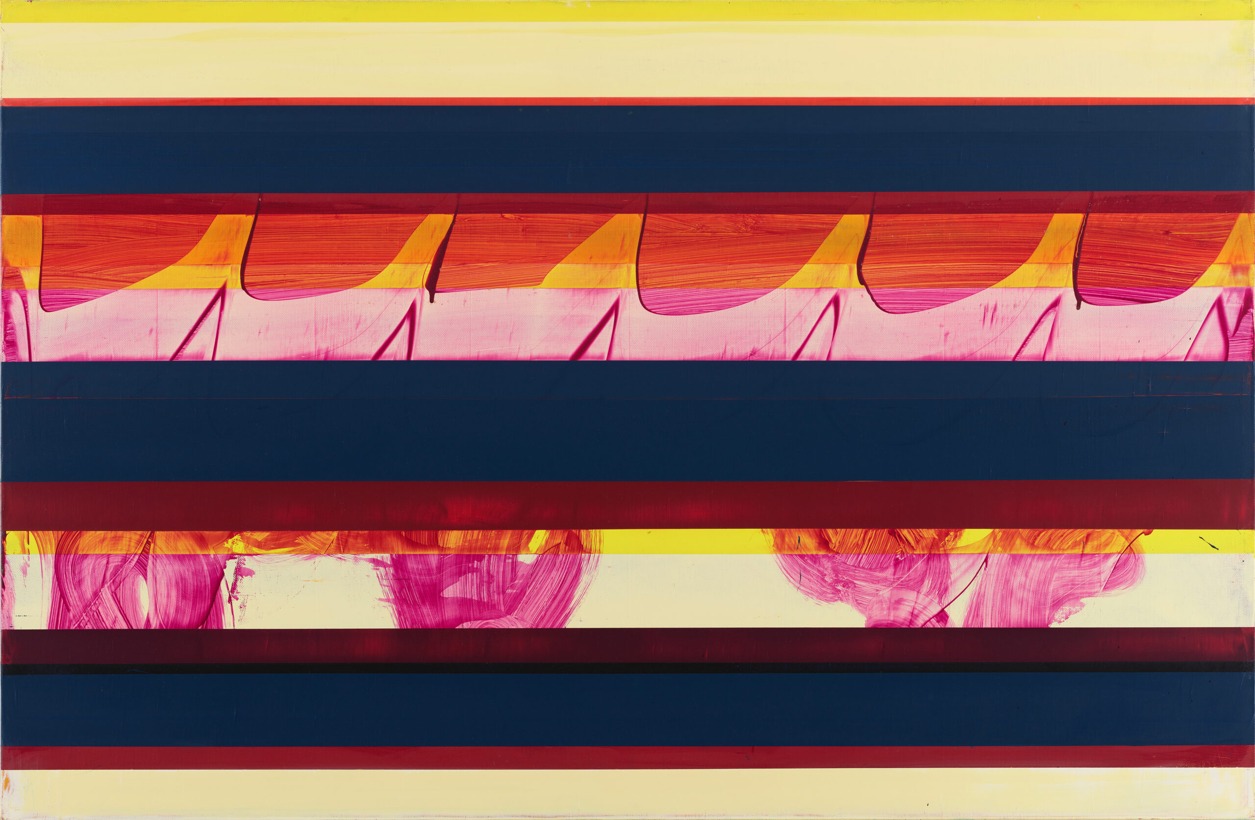 Painting of yellow, red, and blue horizontal lines with abstract red shapes