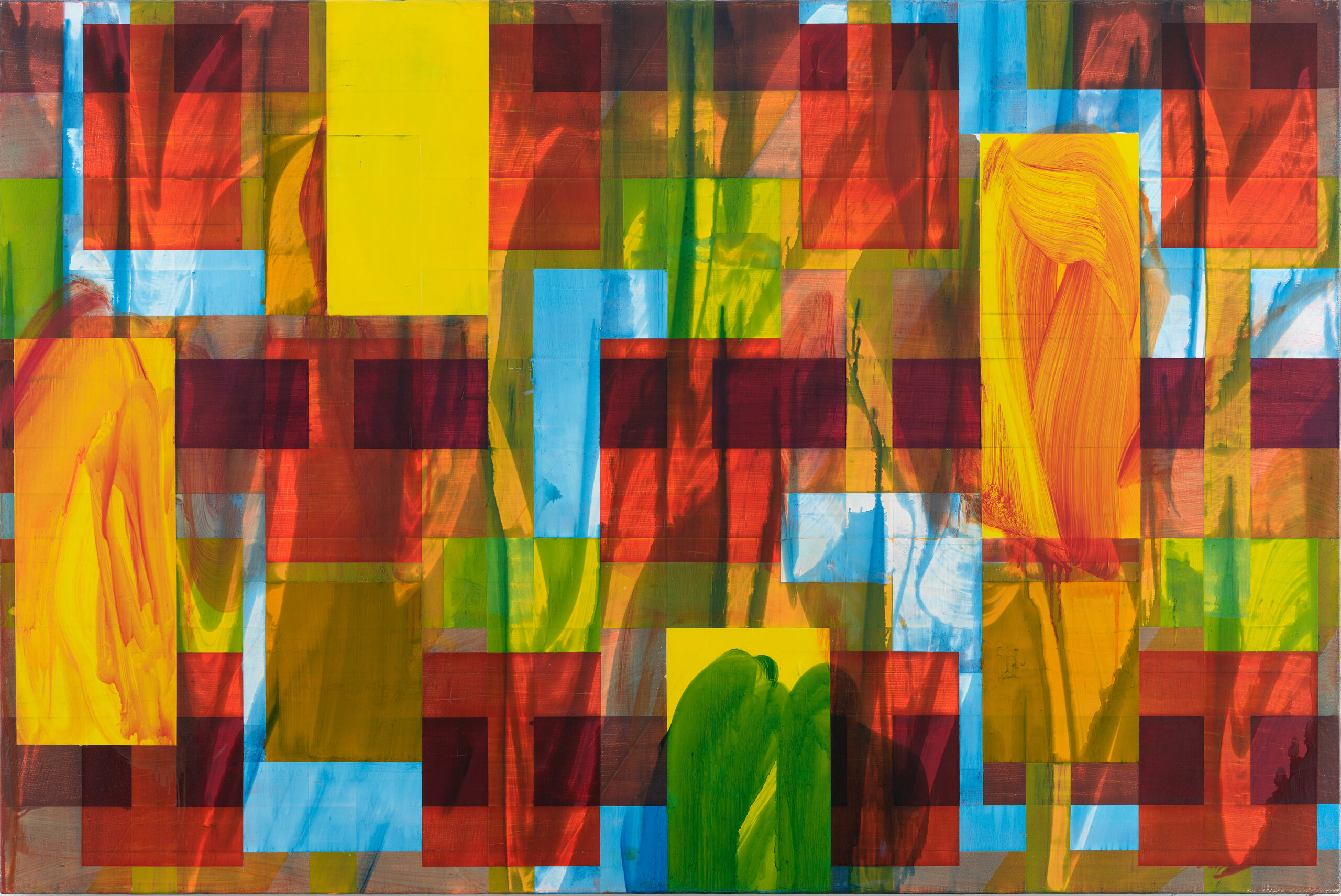 Painting of rectangles in primary colors, varying in size, with semi-transparent layers of green and orange paint on top