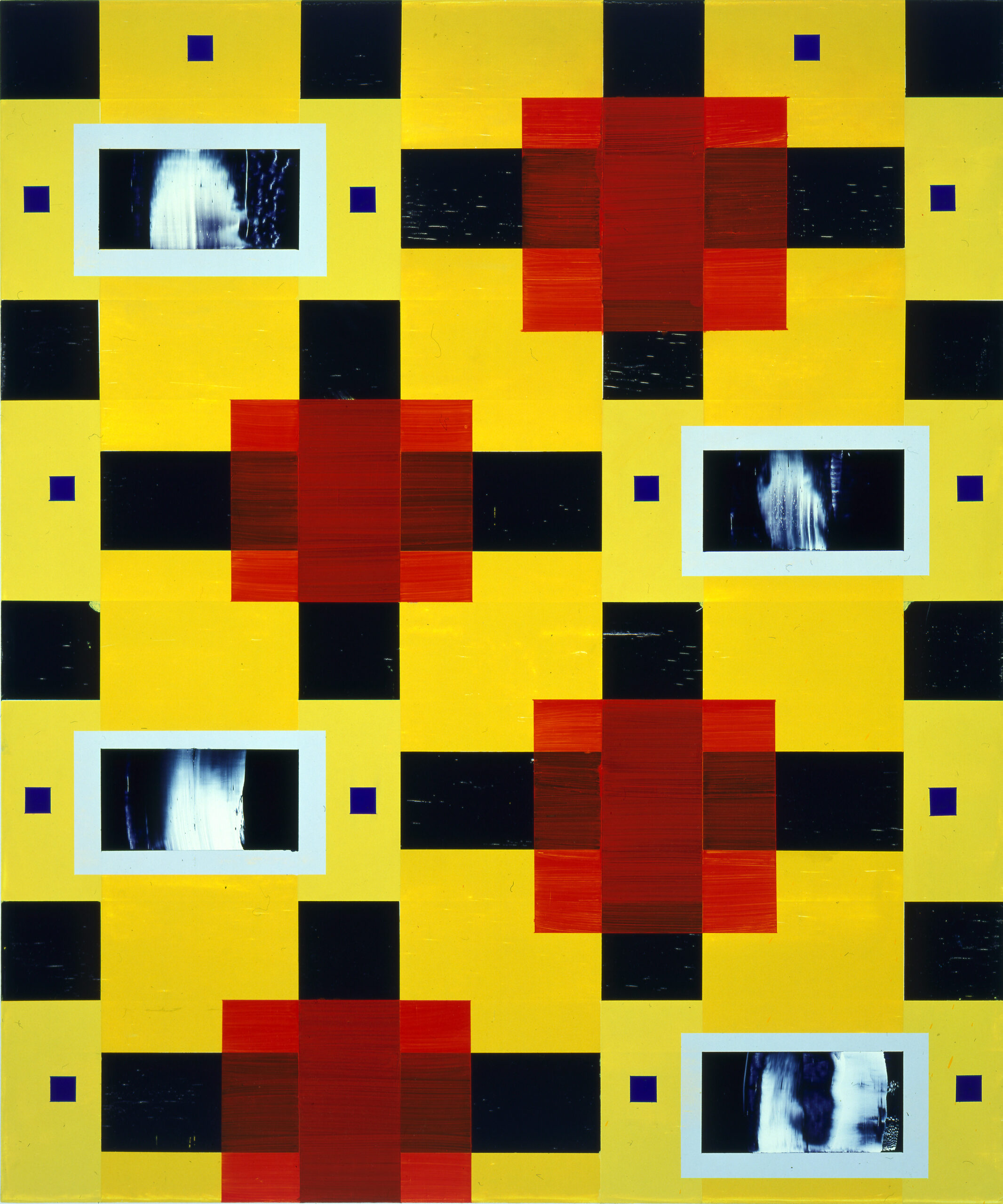 black and red rectangles arranged on a yellow background