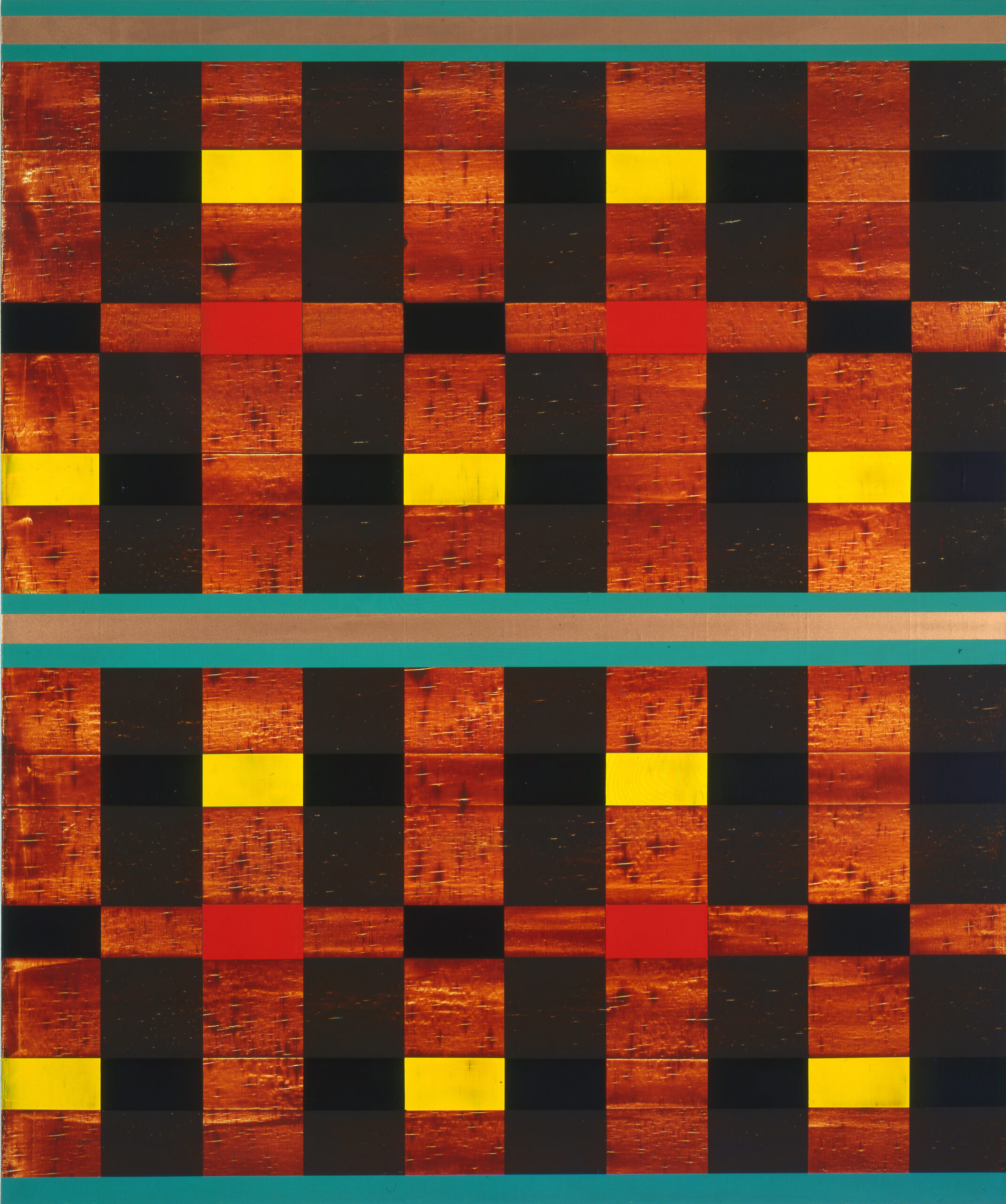 Painting with four black horizontal stripes break up rectangles of varying sizes in primary colors and white.