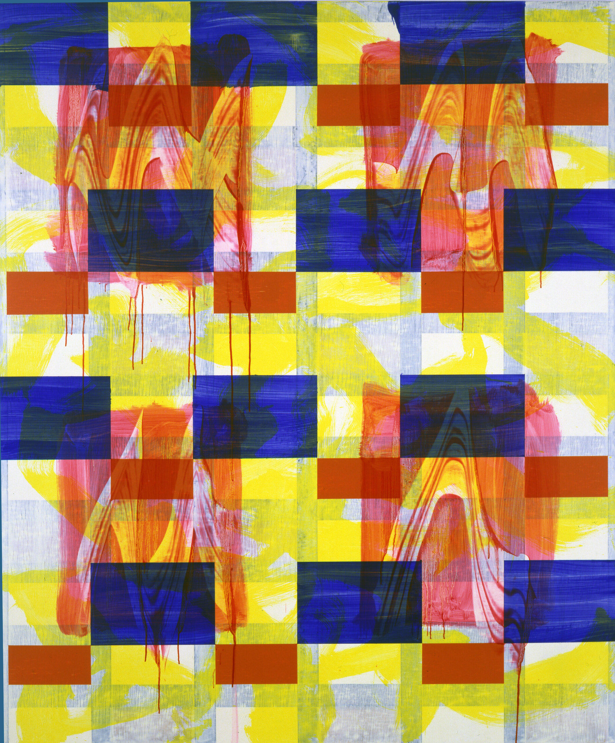 Painting with neat blue and white rectangles, disrupted by semi-transparent, unkempt red rectangles and yellow paint