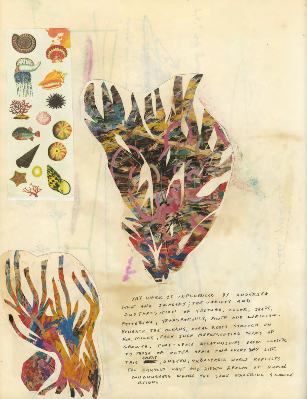 cut paper and text and drawings collaged on paper