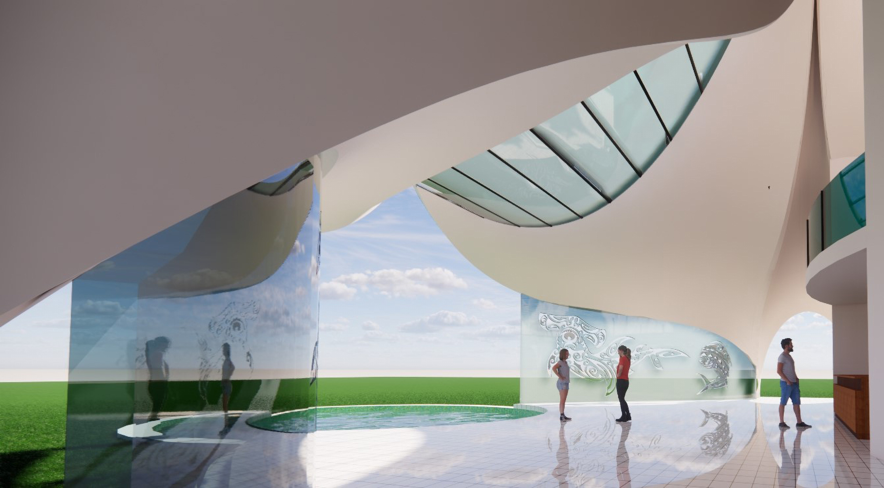 Rendering of an open-air space to be used for a dive school.