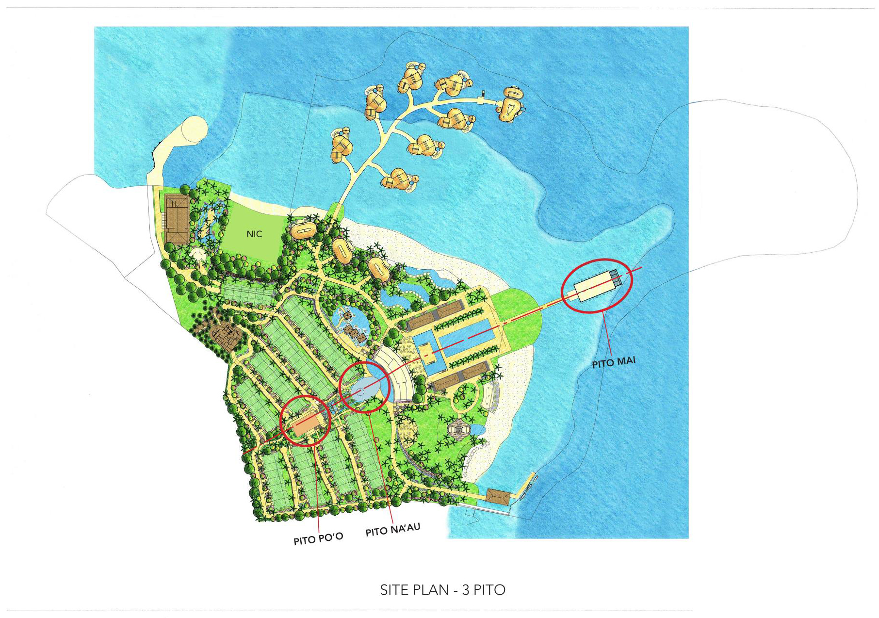 An illustrated site plan for a seaside hotel.