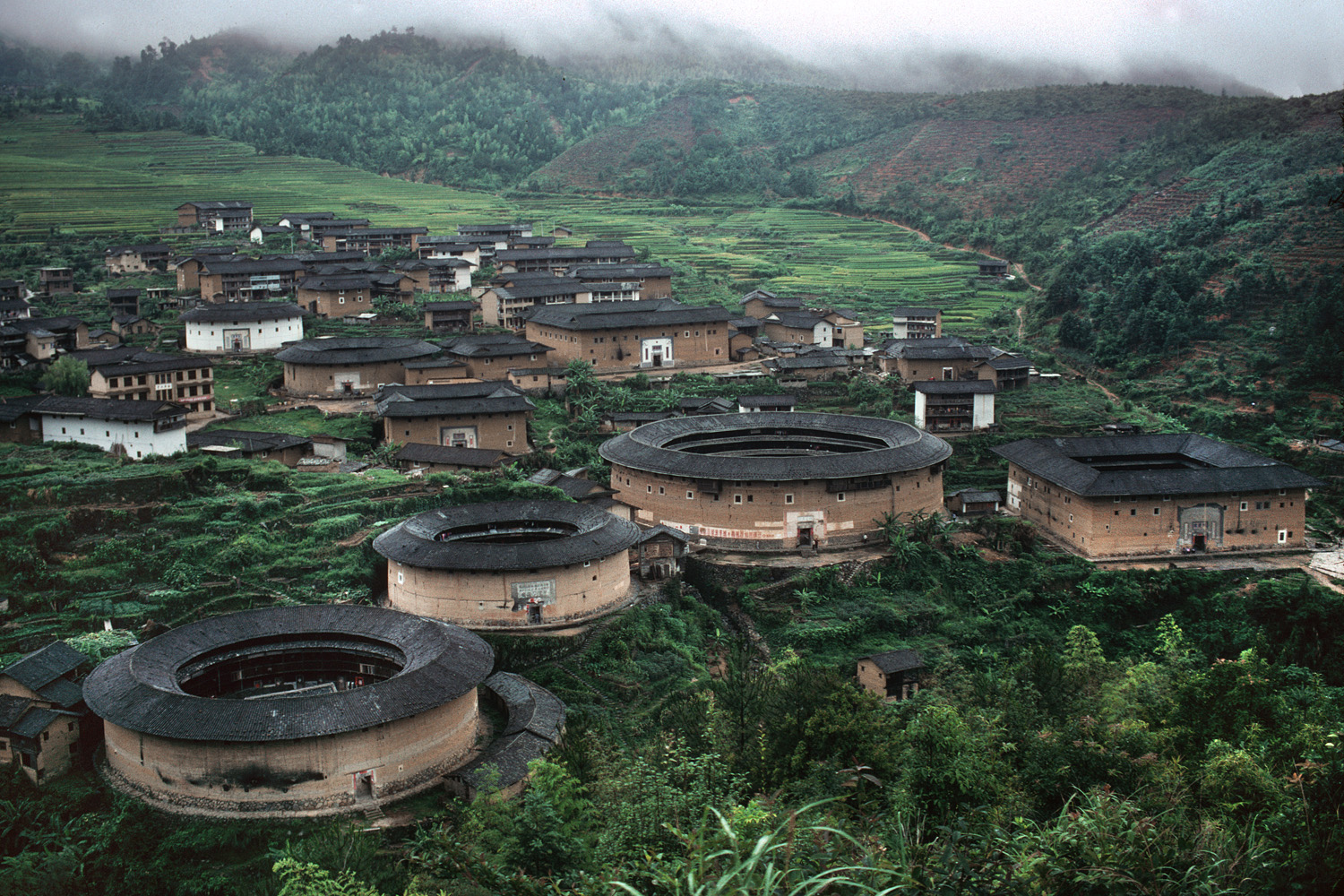 Aerial view of Fujian landscape with lush green landscape and round tan houses.