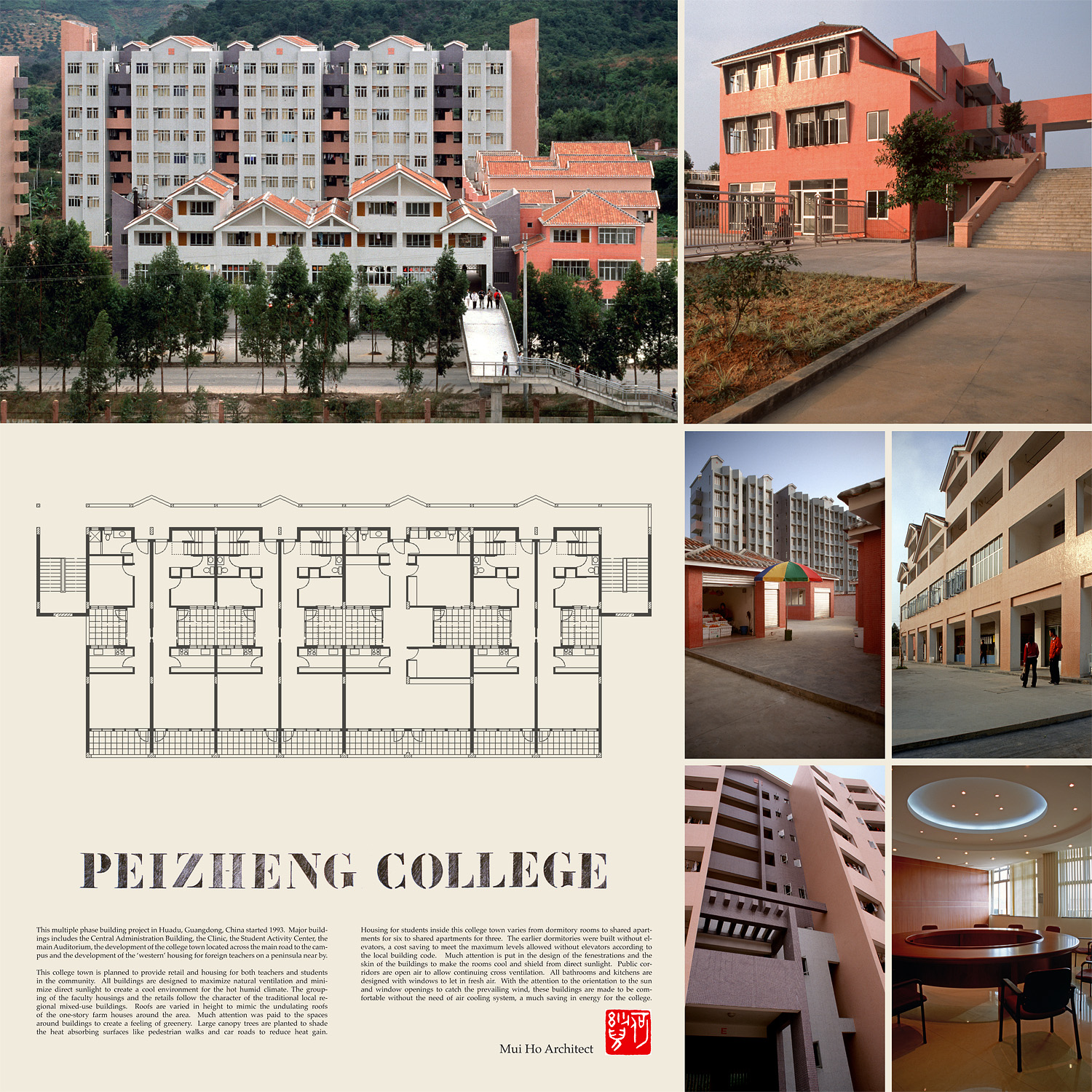 A presentation board with photos and text overviewing a building complex.
